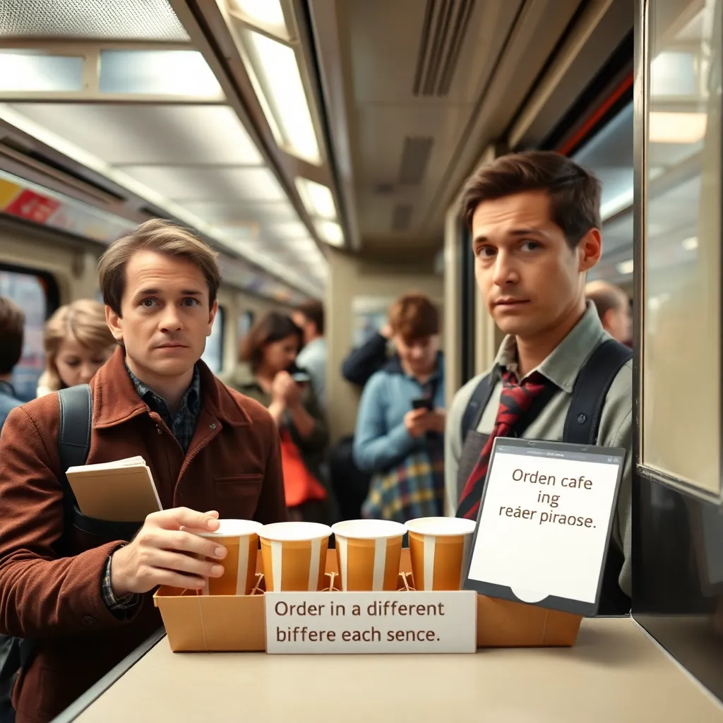 Commuters accidentally ordering the same coffee three times—just in different languages