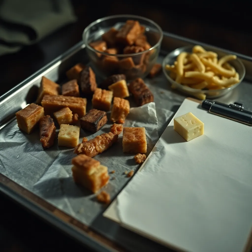 close-up of a wartime cafeteria tray containing untouched institutional food, one bite missing from a paper napkin, beside a military clipboard and a tiny cube of mysterious cheese, moody dramatic lighting, absurdly serious photographic realism