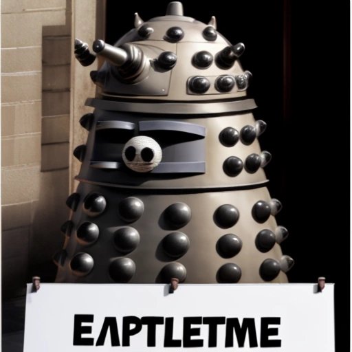 Dalek holding smiles sign that says exterminate