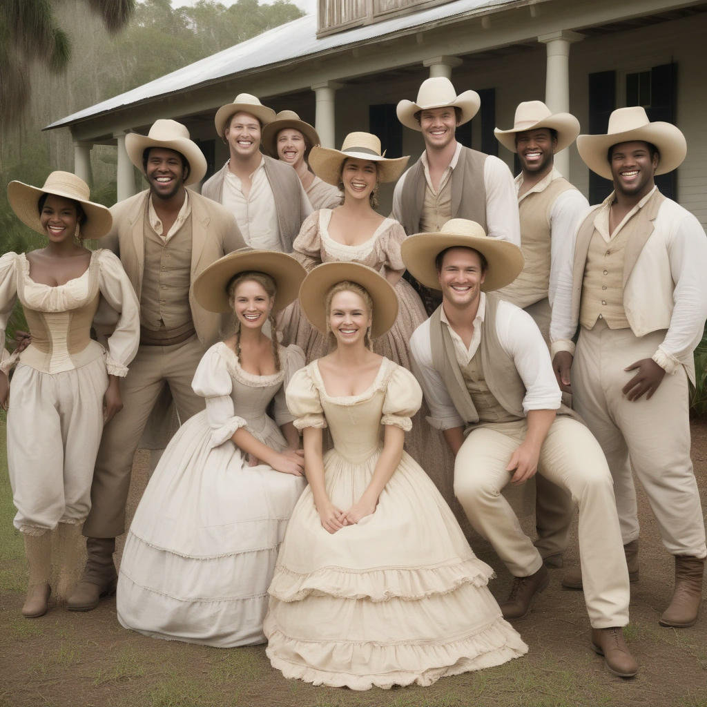 Caucasian actors in stereotypical 'plantation' attire.