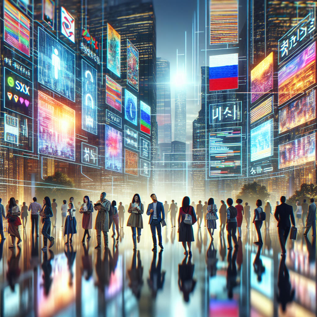 a futuristic cityscape with digital billboards displaying content in multiple languages, diverse crowd of people interacting with the media, high detail, photorealistic, vibrant and dynamic atmosphere