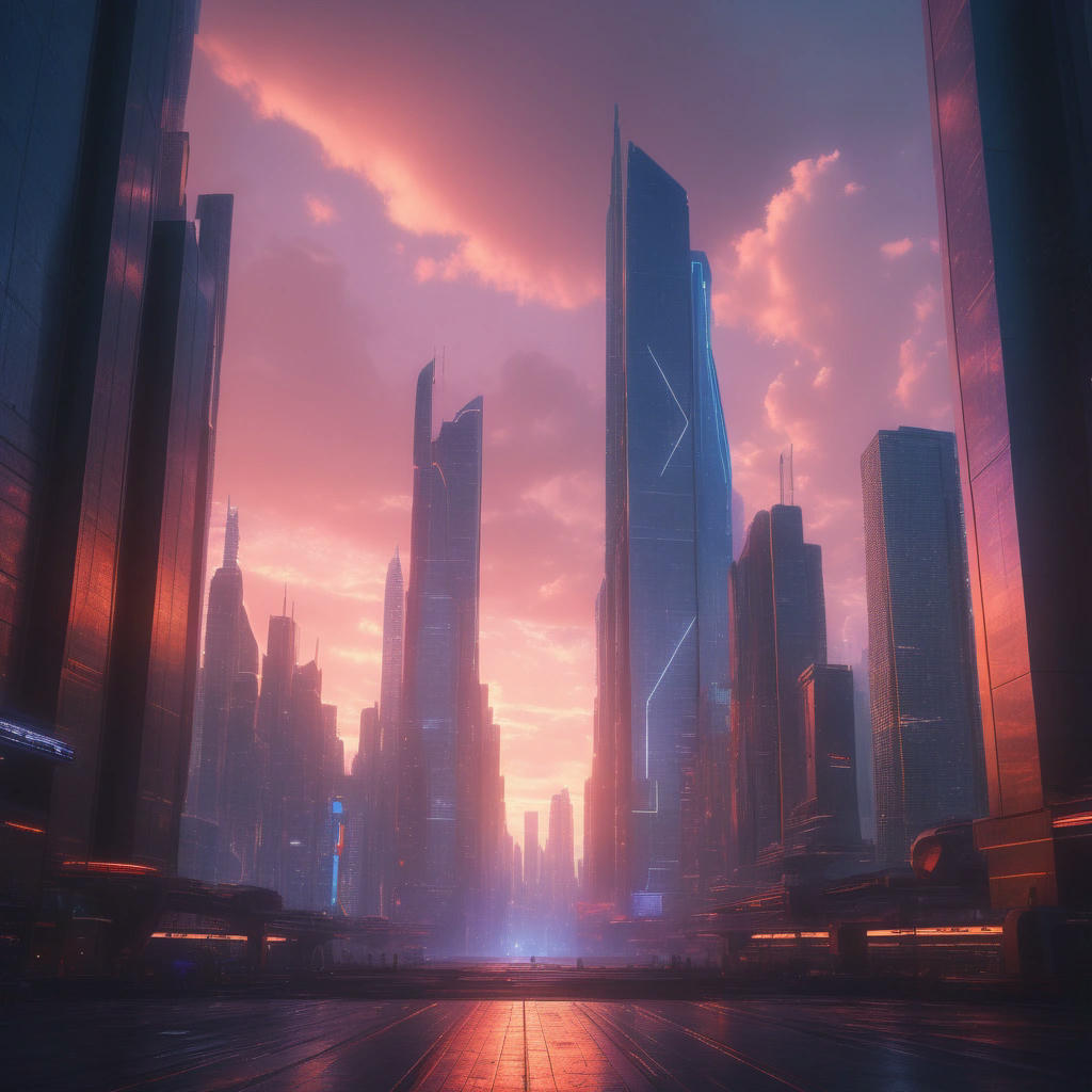 A stunning, photorealistic image of a futuristic cityscape at sunset, with towering skyscrapers, neon lights, and a massive, glowing portal in the sky, sci-fi, dystopian, detailed, and atmospheric