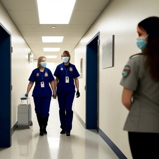 Fighter jet parked inside a hospital hallway with nurses and patients walking by