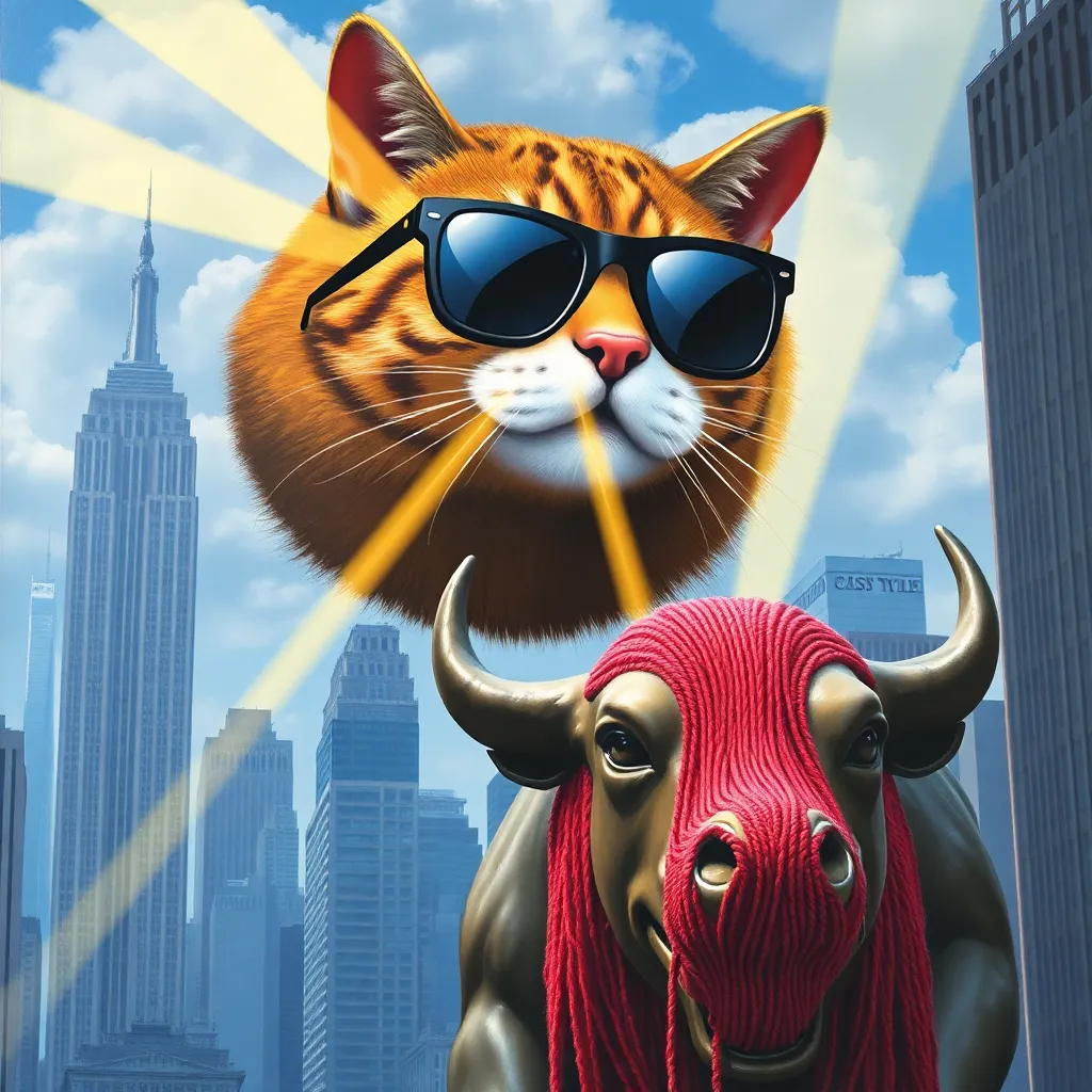 A surrealist painting of a giant cat head with sunglasses floating over the New York skyline, beams of light shooting from the sunglasses onto the Wall Street Bull statue which is now covered in yarn