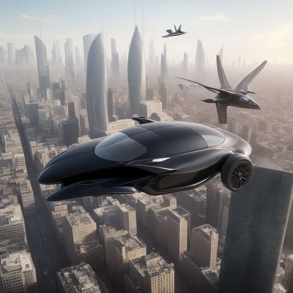 Flying car in a futuristic city