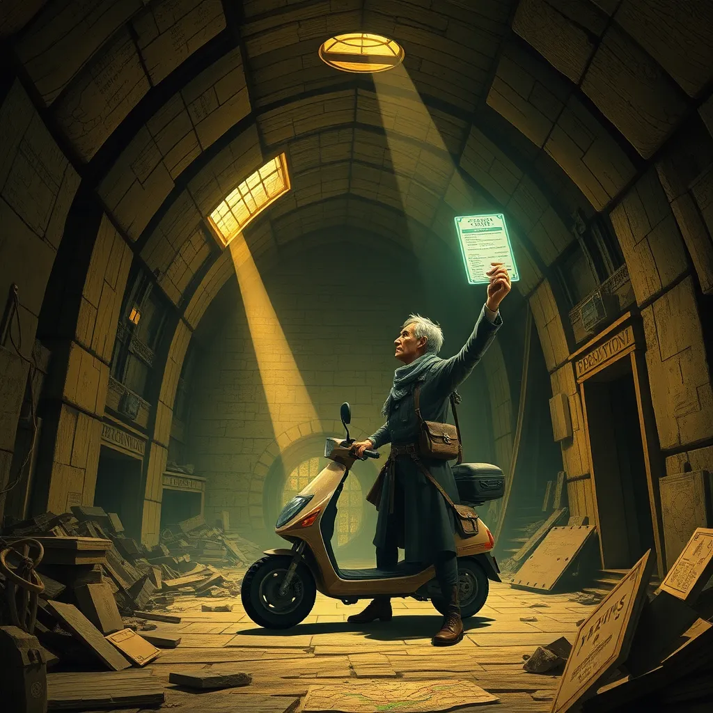 hidden ancient transit chamber beneath a city station, glowing artifact transit pass held aloft by a gray-haired adventurer, collapsing architecture, giant stone mobility scooter, old maps and route diagrams, golden shafts of light, epic absurd archaeological atmosphere