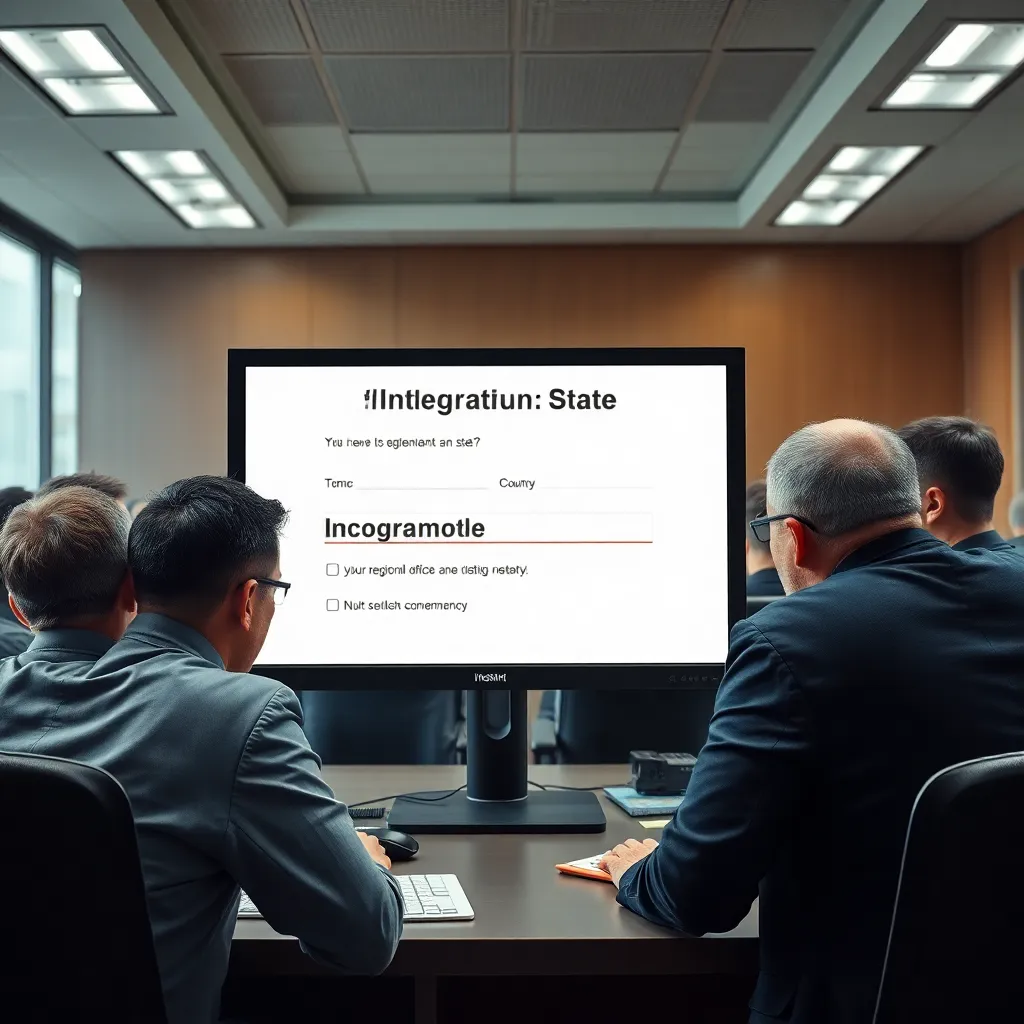 absurd digital government interface with a form titled integration to state, typo in country name highlighted by red spellcheck underline, anxious regional officials crowded around one monitor, sweat, tension, bureaucratic emergency, sleek but chaotic modern UI, realistic style
