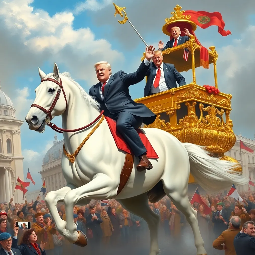 Viktor Orbán riding a giant, muscular white horse through the streets of Budapest, holding a golden scepter, while Donald Trump cheers from a hovering golden chariot, crowds of people waving flags, oil painting style