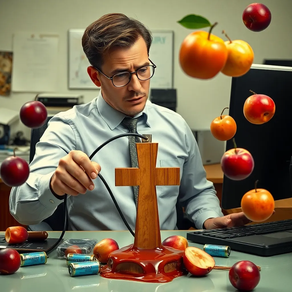 A confused office worker trying to plug an HDMI cable into a wooden cross pendant while surrounded by melting plastic batteries and floating plums, surreal office setting