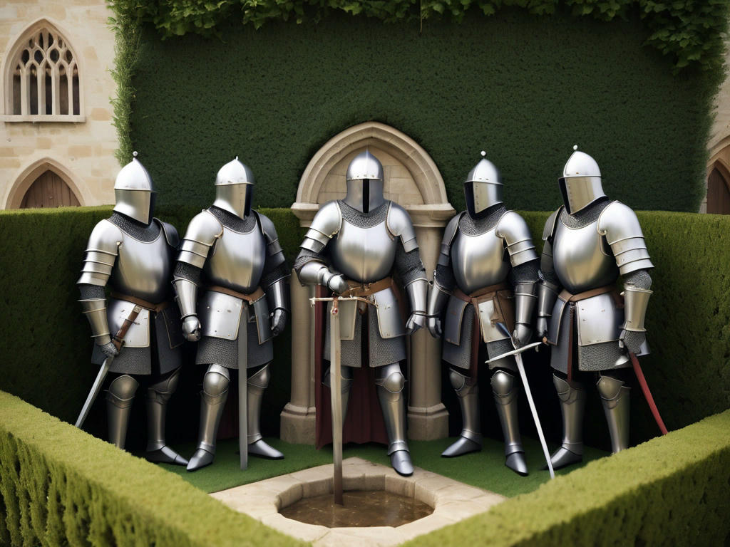 medieval knights standing around a small, well-trimmed shrubbery, looking immensely proud