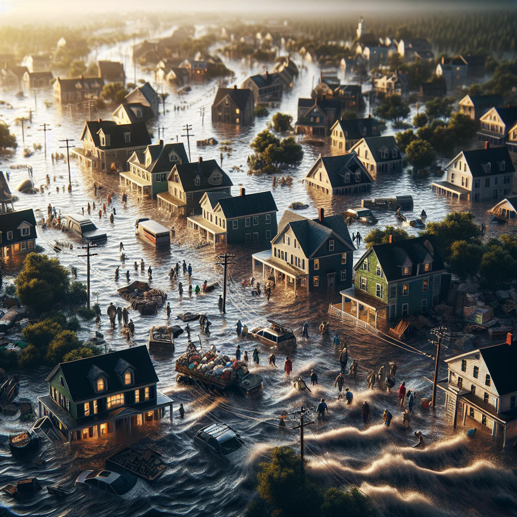 A coastal Massachusetts town experiencing severe flooding, with waterlogged streets, submerged houses, and residents evacuating, hyper-realistic, intricate details, photo-realism, dramatic lighting