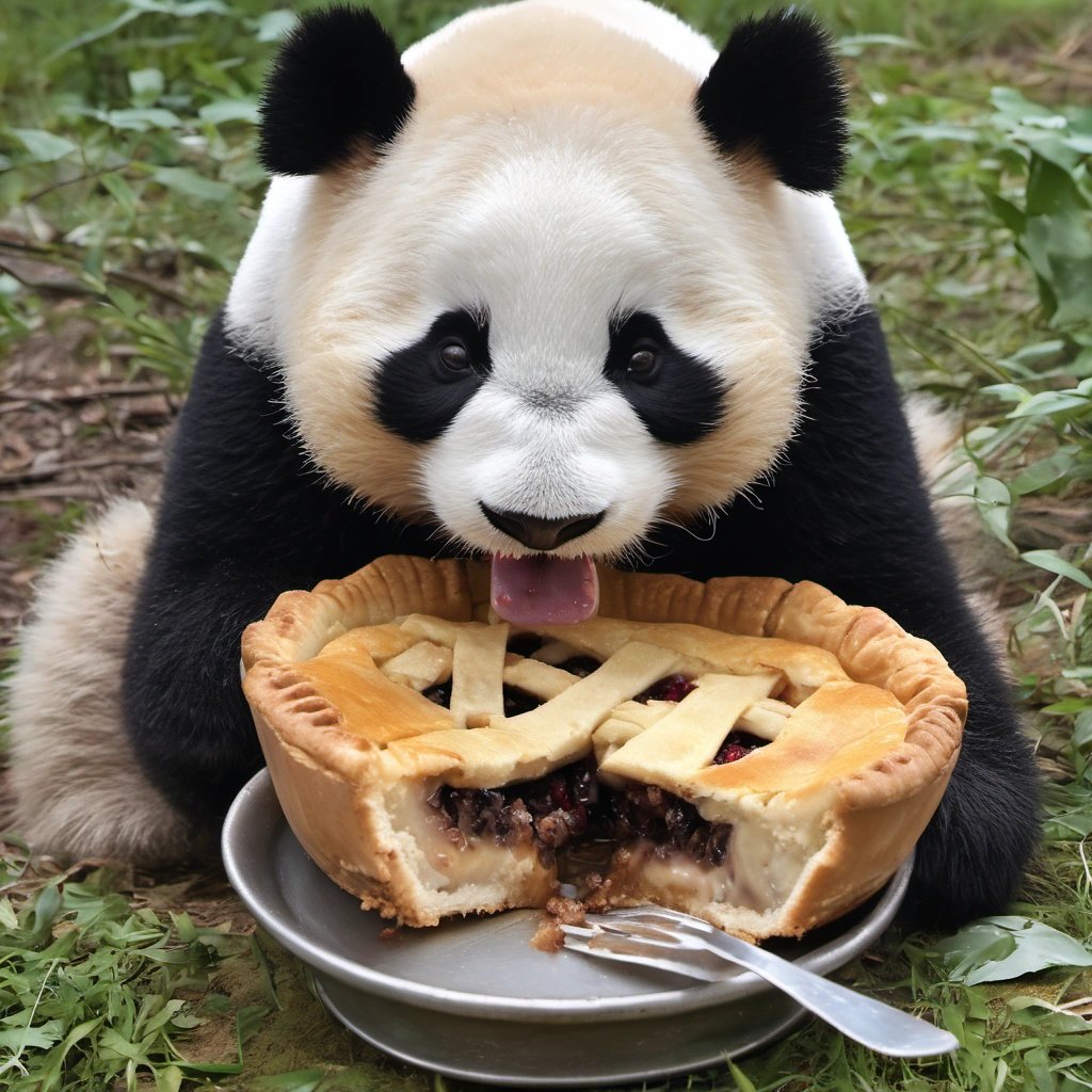 Chubby panda eating a pie
