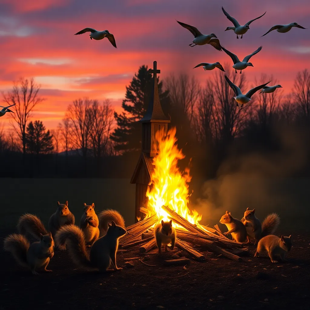 A comically small fire burning a single wooden church steeple, surrounded by squirrels moving furniture into the ashes, confused geese flying overhead in pentagram formation, twilight setting