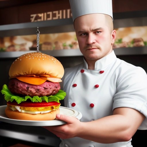 Russian chef presenting a unique Russian burger creation
