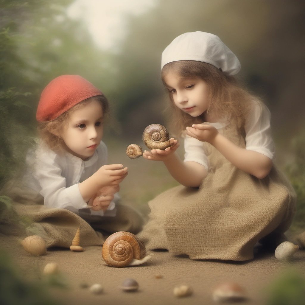 Children interacting with snails