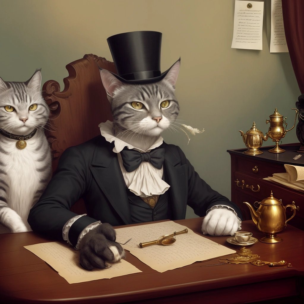 Cat writing at a desk