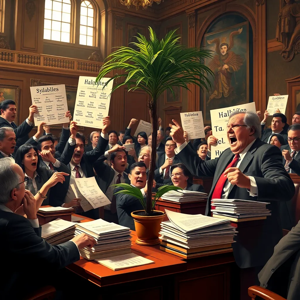 national parliament in uproar, lawmakers shouting while pointing at charts labeled with nonsense syllables, a potted palm prominently beside a passionate politician, stacks of papers, ornate chamber, surreal comedic realism, detailed expressions, warm dramatic interior light