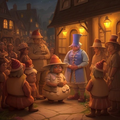 Townspeople gathered around an Oompa Loompa with theatrical atmosphere