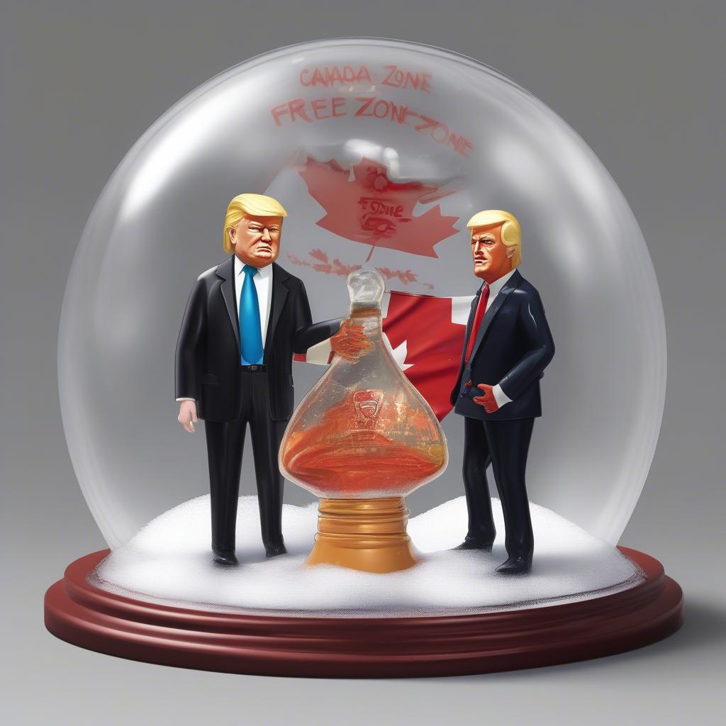 A cartoonish Trump figure in a business suit trapped inside a transparent snowglobe labeled 'FREE TRADE ZONE' while two stylized figures representing Canada and Mexico pour molten syrup over the base