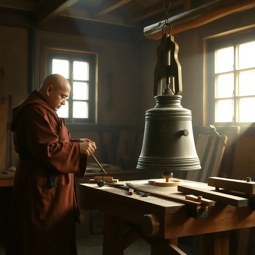 quiet monastery workshop with handmade wooden tools, a robed monk repairing a large bronze bell mechanism, sunlight through paper windows, sawdust in the air, contemplative craftsmanship, realistic and atmospheric