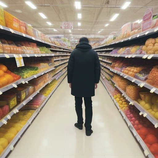 Bewildered person in a supermarket aisle