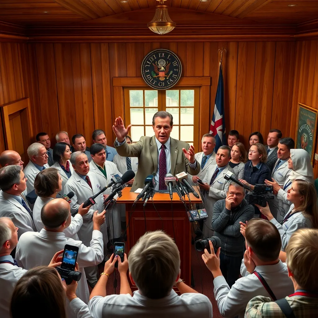 press conference in a tiny town hall, bewildered doctors and reporters facing a proud man demonstrating wide open eyes on a podium, microphones everywhere, absurdly intense atmosphere, realistic details, small-town civic setting