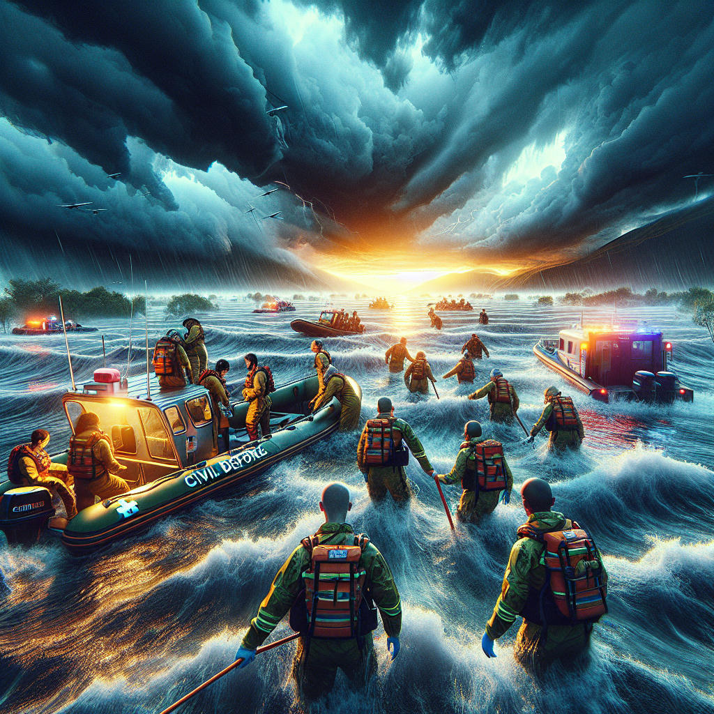 defesa civil team in the flooded area, helping people, rescue boats, cloudy sky, dramatic lighting, high contrast, cinematic, 4k, hyper realistic, detailed, concept art trending on artstation by Simon Stalenhag and Ash Thorp