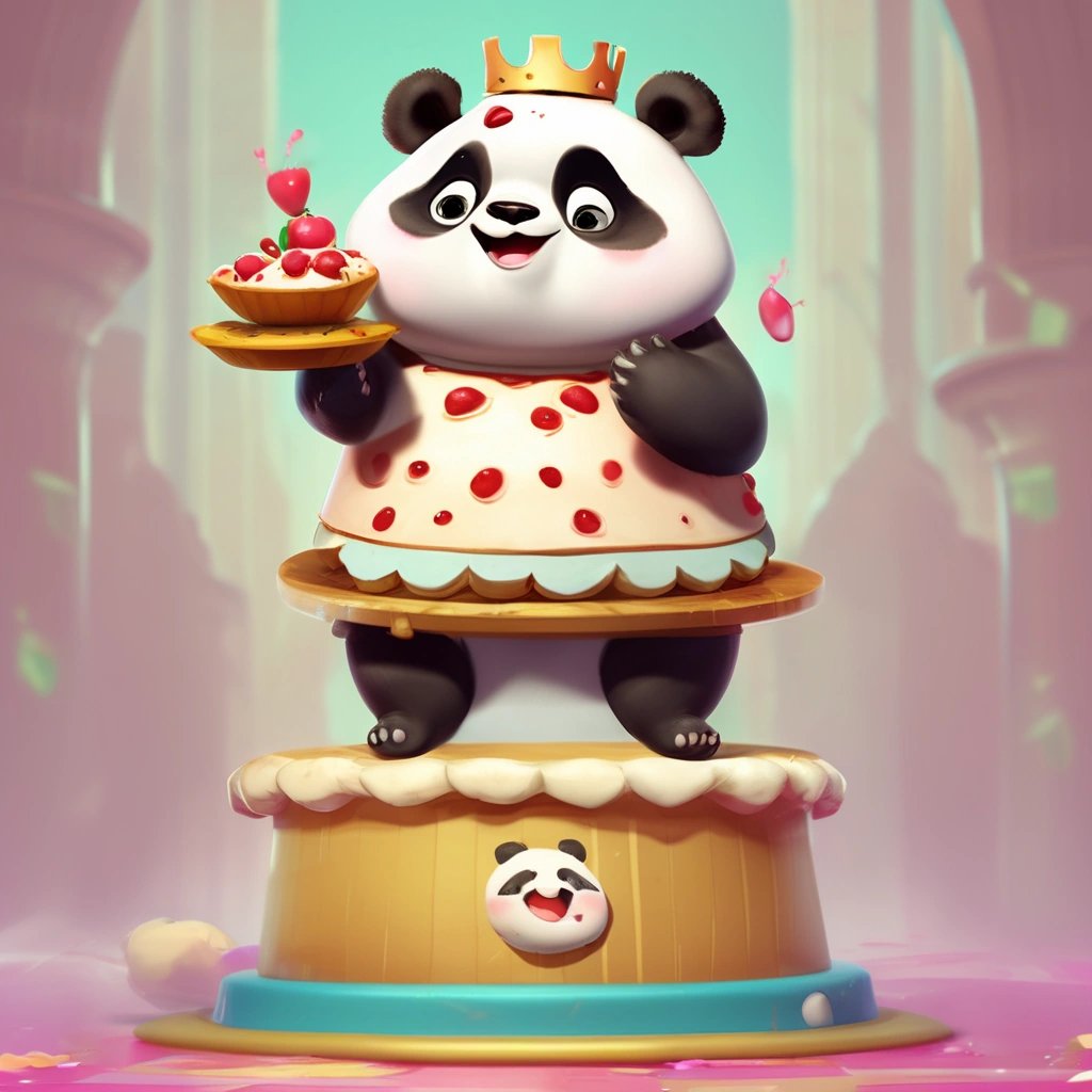 Chubby panda wearing a pie crown on a podium