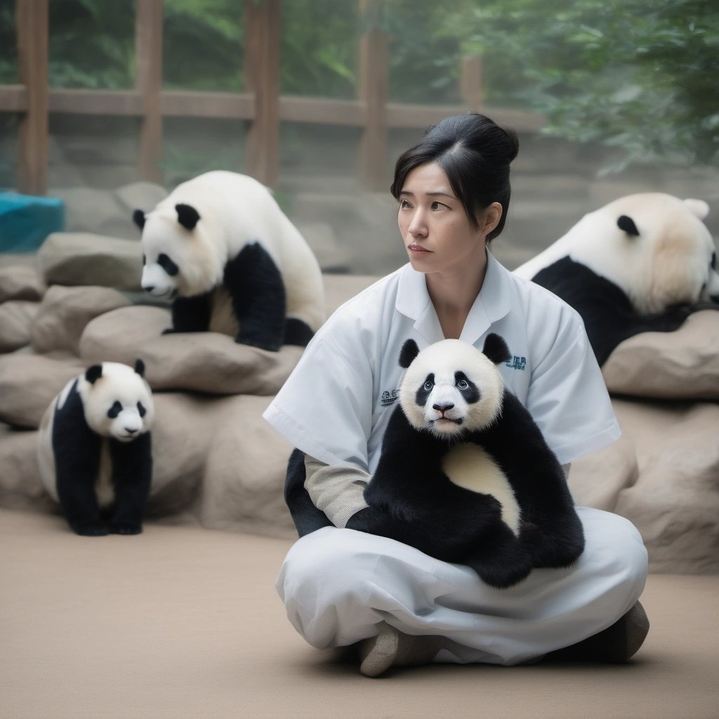 Zoo worker with a fake panda and real pandas