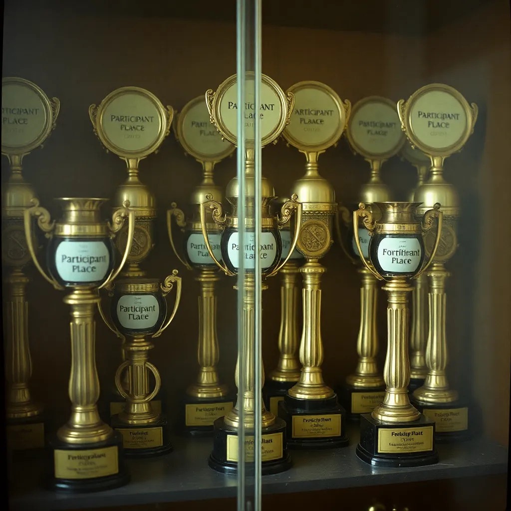 A trophy cabinet filled with trophies that all say 'Participant' or 'Fourth Place', covered in a thin layer of dust, 35mm film style, muted colors