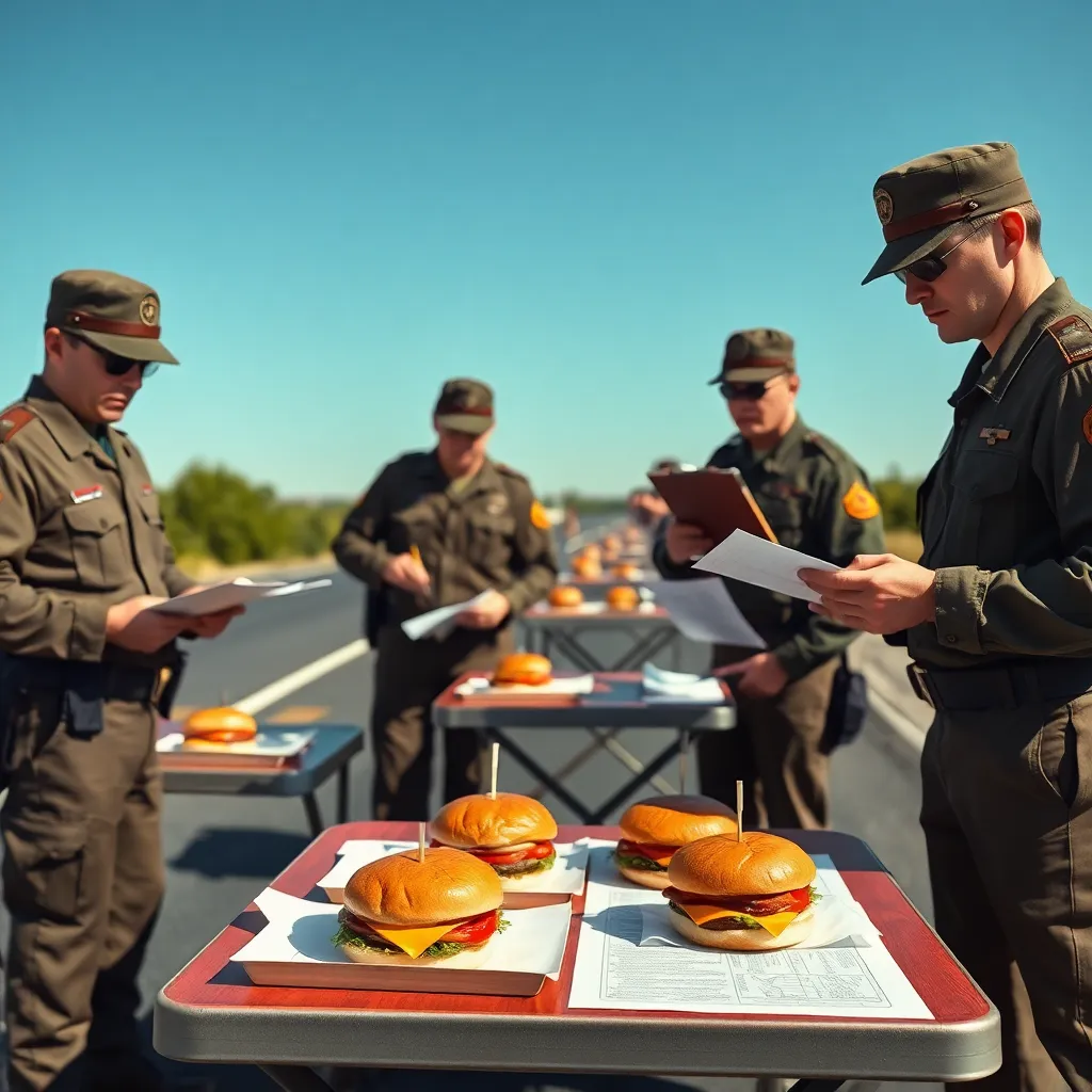 National Guard style roadside checkpoint inspecting hamburgers on folding tables, officers with clipboards and measuring tools analyzing ketchup placement with absurd seriousness, summer roadside scene, dramatic realism, detailed burger diagrams fluttering in the wind