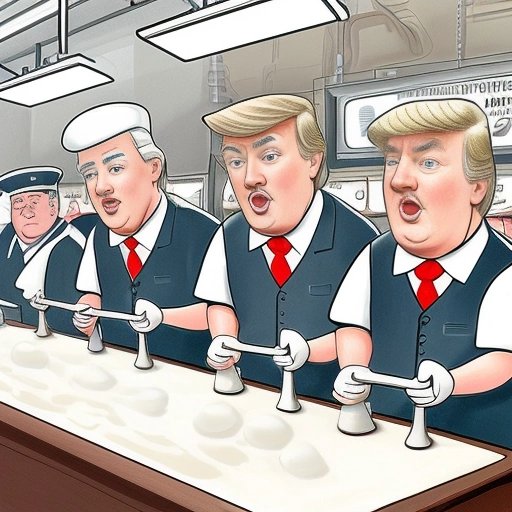 Cartoon image of Trump officials on assembly line being scrubbed