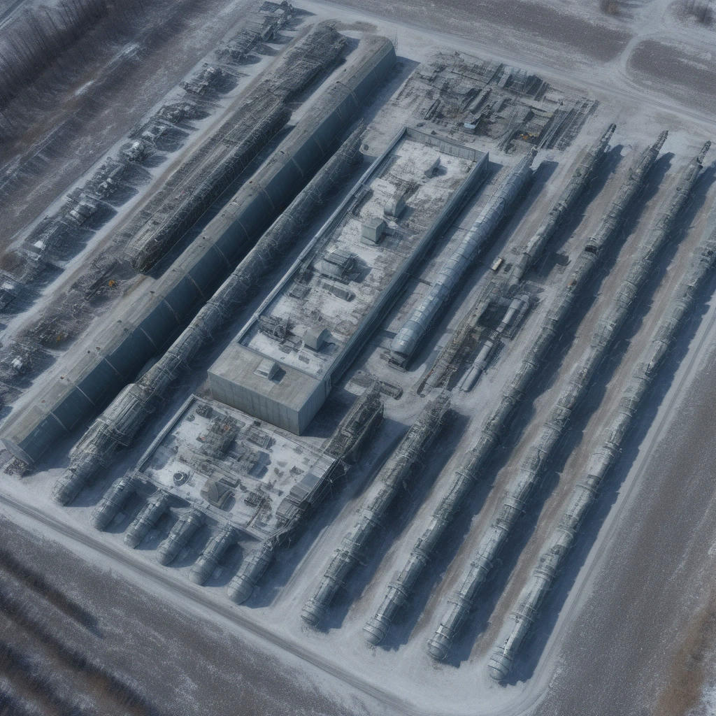 A satellite image of a Russian nuclear facility, with rows of warheads and military equipment, high-resolution, detailed, 8k