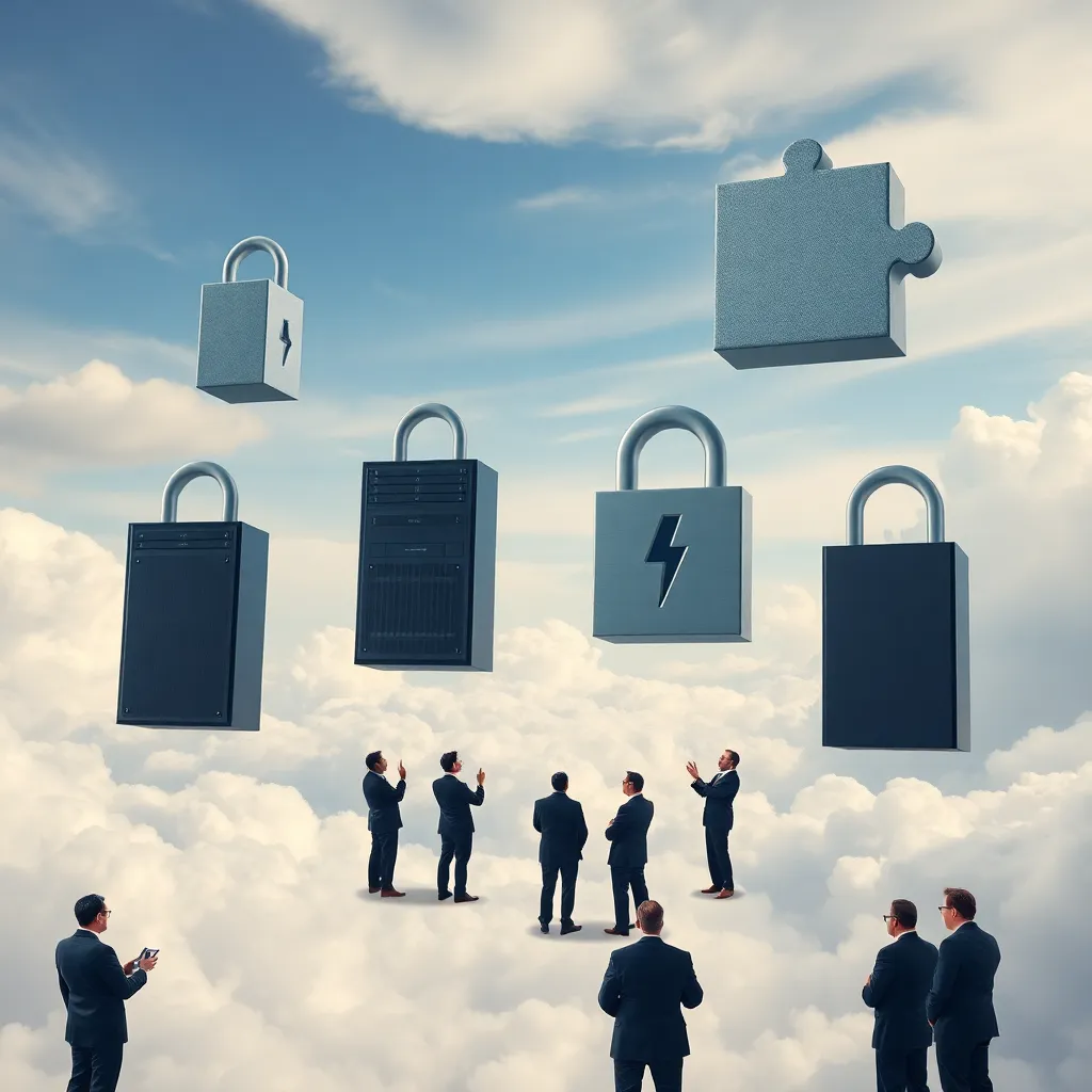 a surreal technology summit in the clouds, delegates in business attire examining giant floating rebus symbols made of servers, locks, lightning bolts, puzzle pieces, dramatic sky, premium conference design, humorous corporate grandeur