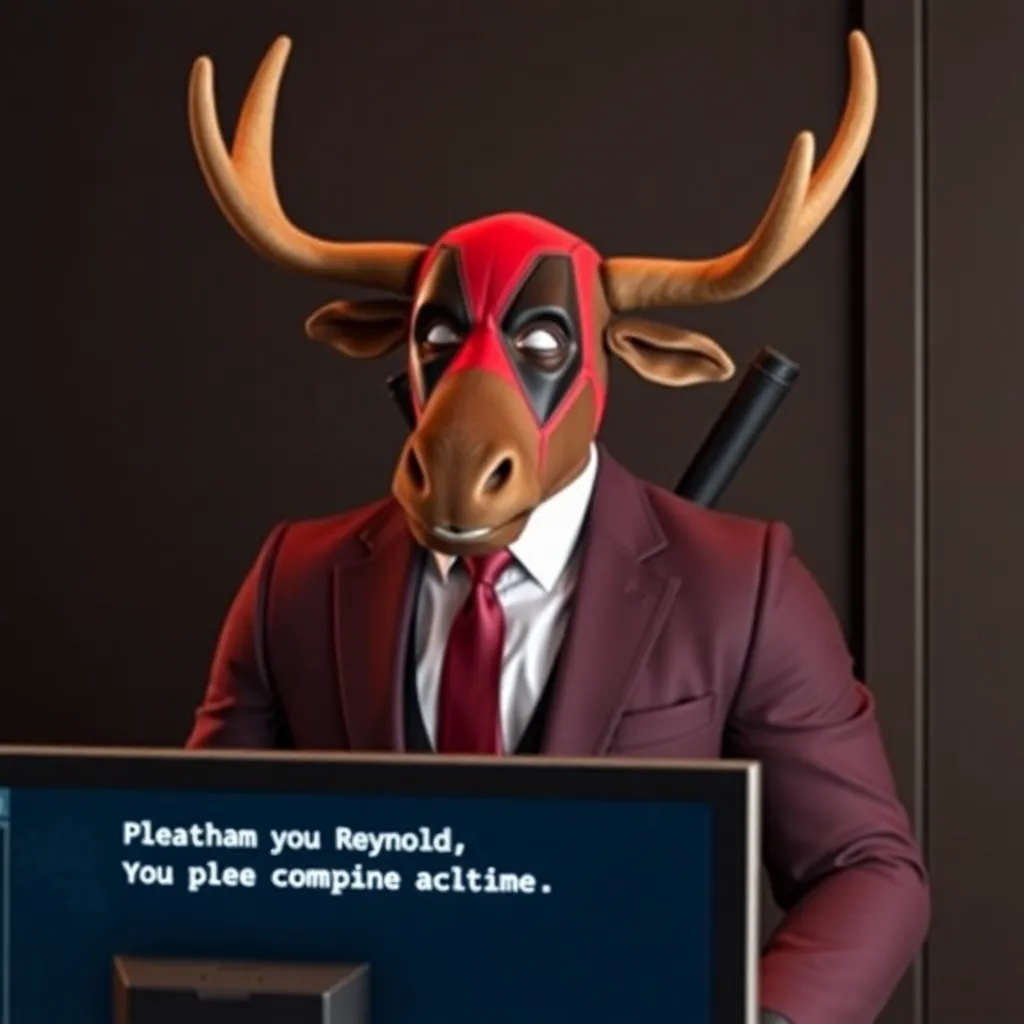 A moose in a suit, Ryan Reynolds as Deadpool, and a computer screen with polite AI text