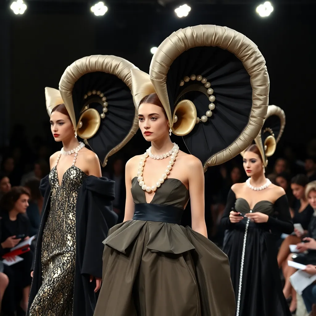 high fashion runway in Paris with avant-garde models wearing luxurious clothing designed around gigantic elegant ears, satin ear harnesses, pearl accessories, dramatic spotlights, stylish audience taking notes, editorial fashion photography
