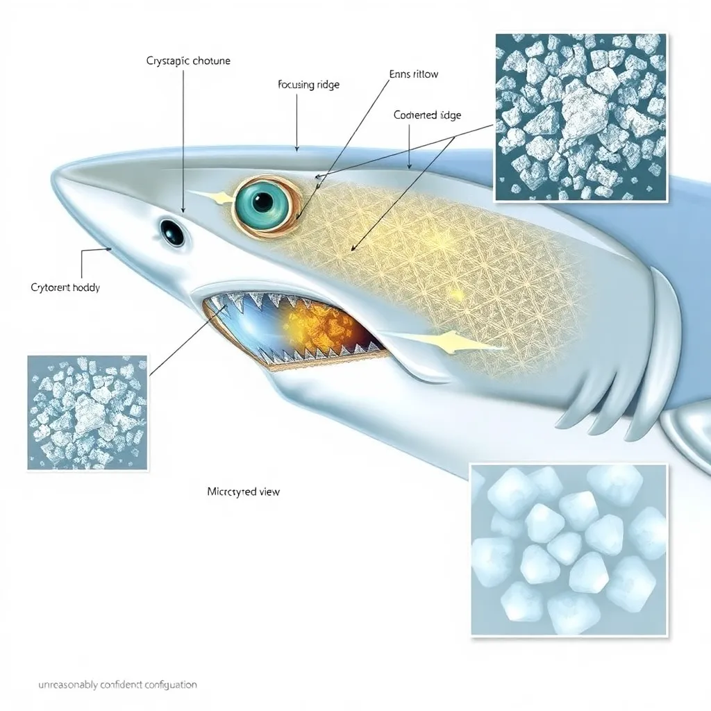 Close-up scientific cutaway: “organically grown laser arrays” in the shark’s head