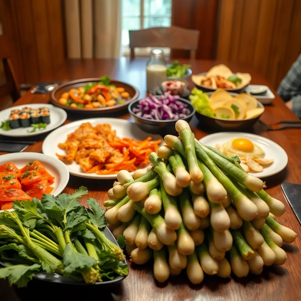 a dinner table with a variety of unexpected foods, including sushi, tacos, and a mountain of turnips