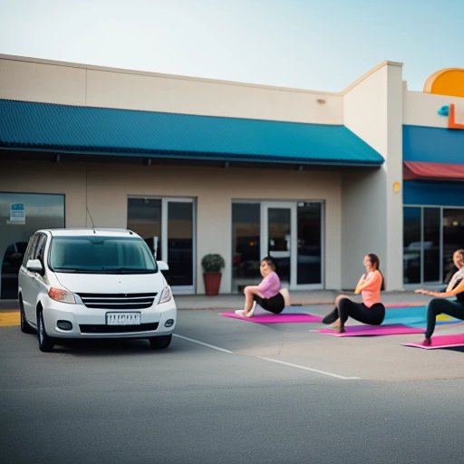 Lady leading a yoga class at a gas station