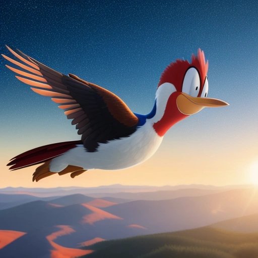 Woody Woodpecker flying off into the sunset