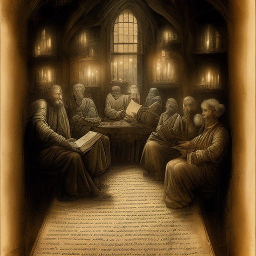 Old scroll with riddle and puzzled scholars