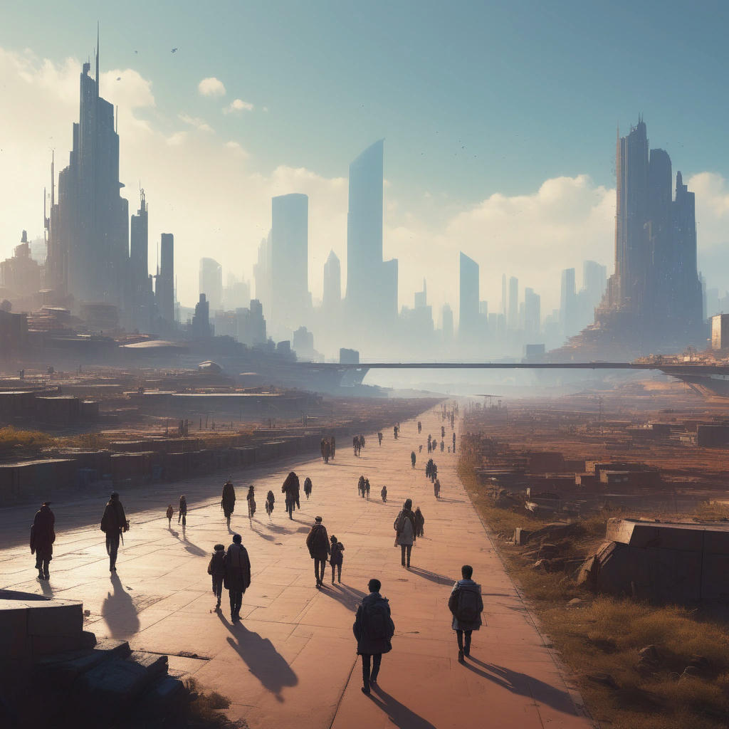 a futuristic landscape with a city in the background, and a group of people from different ages and ethnicities walking towards the horizon, with a sense of hope and optimism, 4k, cinematic, concept art by Ian McQue and Loish