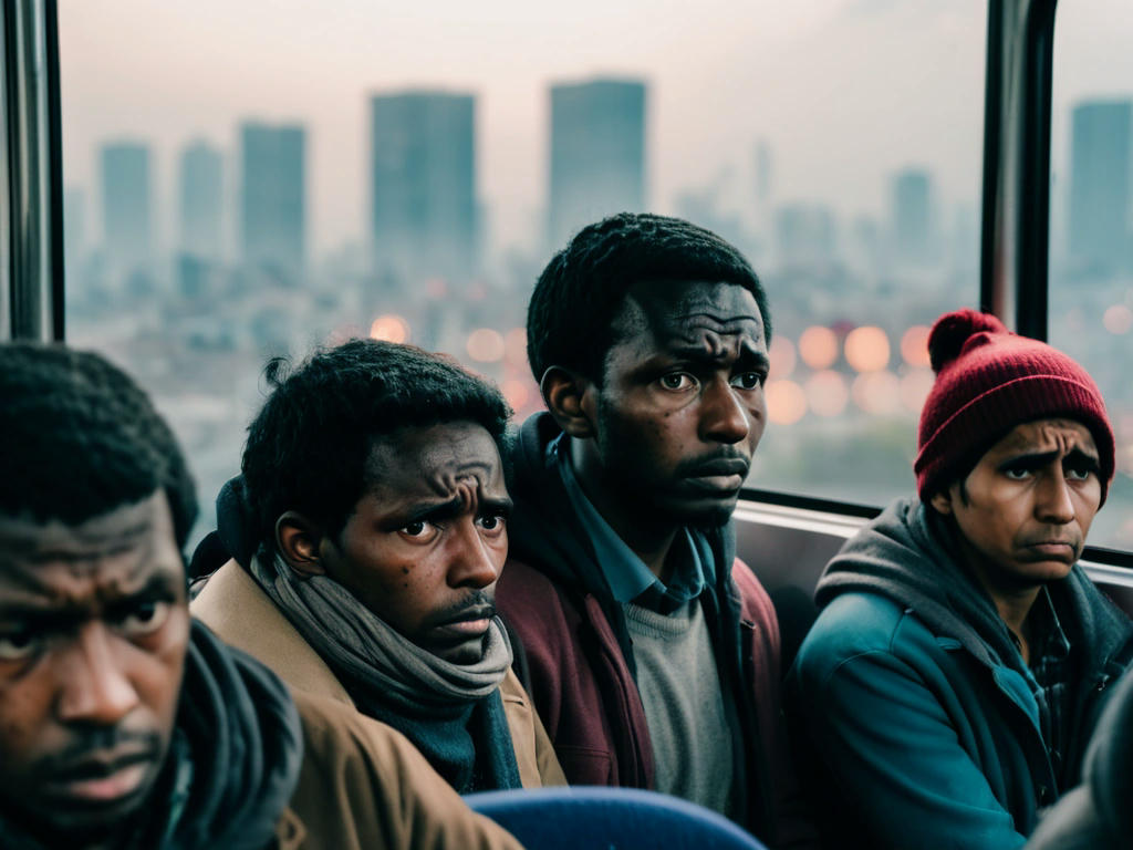 a group of migrants on a bus, looking tired and anxious, with a blurred cityscape in the background