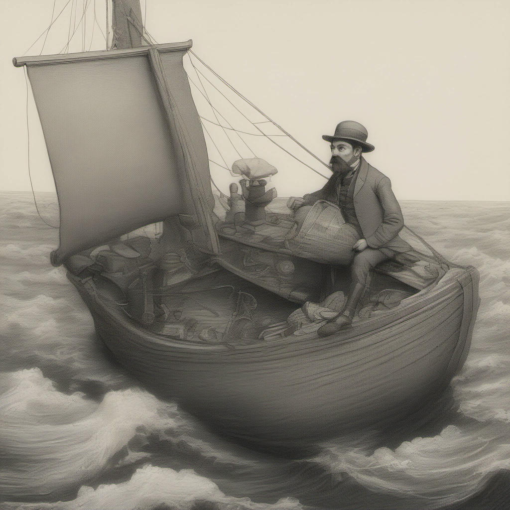 A heavily loaded dinghy at sea with a determined man at the helm.