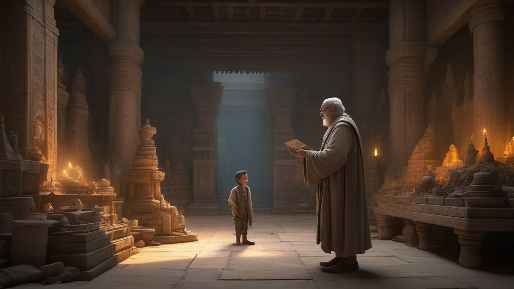 a wise and ancient mentor training a young hero in a temple filled with merchandise, humorous and whimsical, cinematic lighting, highly detailed, concept art