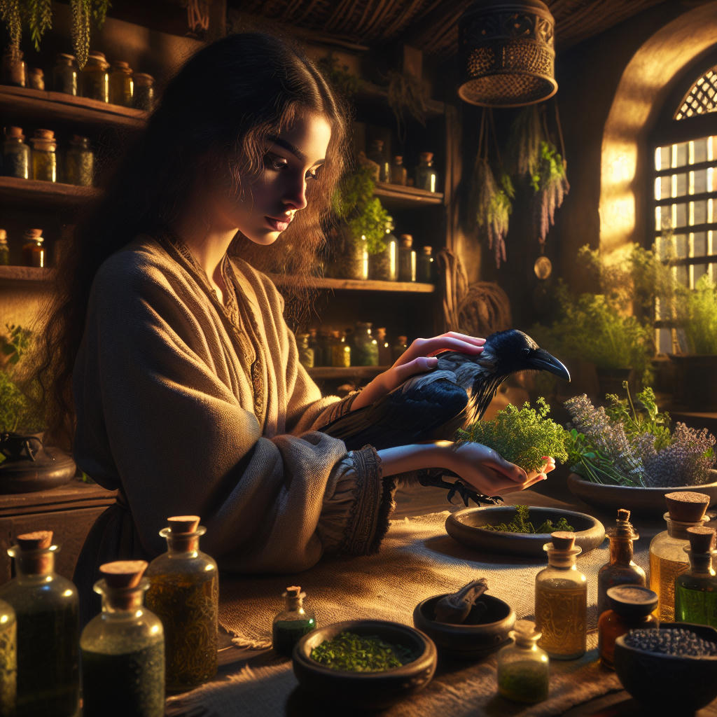 a young woman cradling an injured crow in a cozy cottage, surrounded by herbs and potions, intricate details, high quality, photorealistic, atmospheric lighting