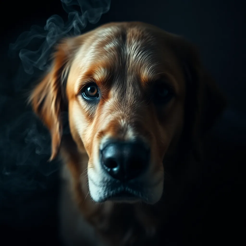 A dramatic close-up of a Golden Retriever's face in shadows, looking like a noir detective, smoke from a nearby humidifier swirling around him, intense eyes