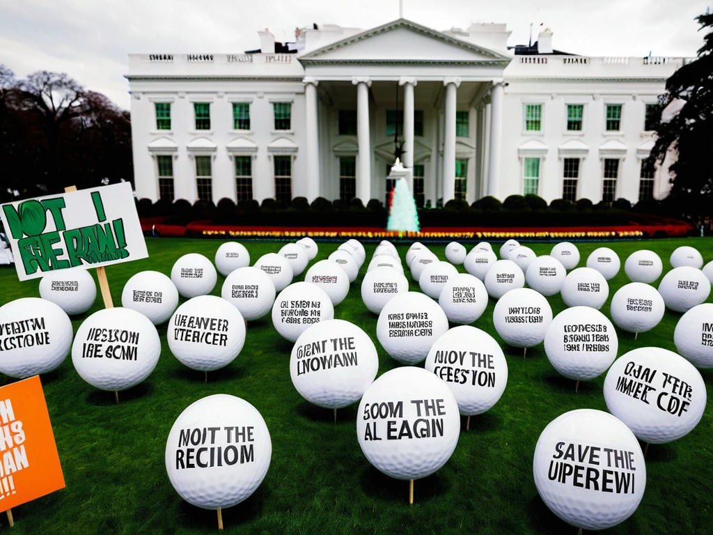 protesters outside the White House with signs that read 'Save the Lawn' and 'Not My Golf Course', with a giant inflatable golf ball in the background