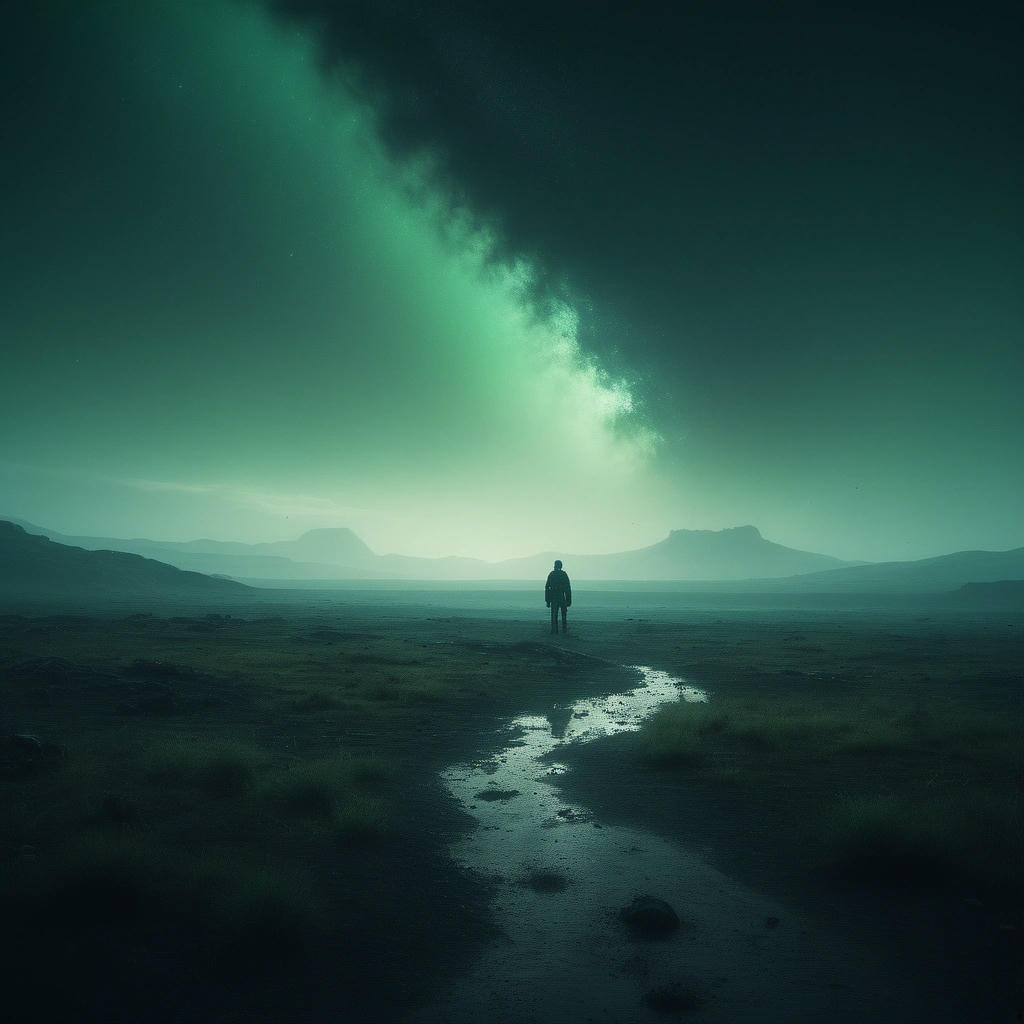 A haunting, atmospheric, 8K image of a desolate, post-apocalyptic landscape, with a lone figure in the distance, looking up at the green nebula, a sense of longing and desperation, rendered in a cinematic style reminiscent of sci-fi movies