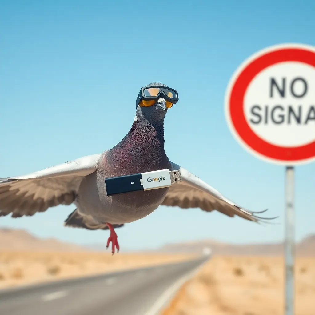 a very serious-looking pigeon wearing miniature Google-branded goggles, carrying a USB drive twice its size, flying past a 'NO SIGNAL' road sign in a desert